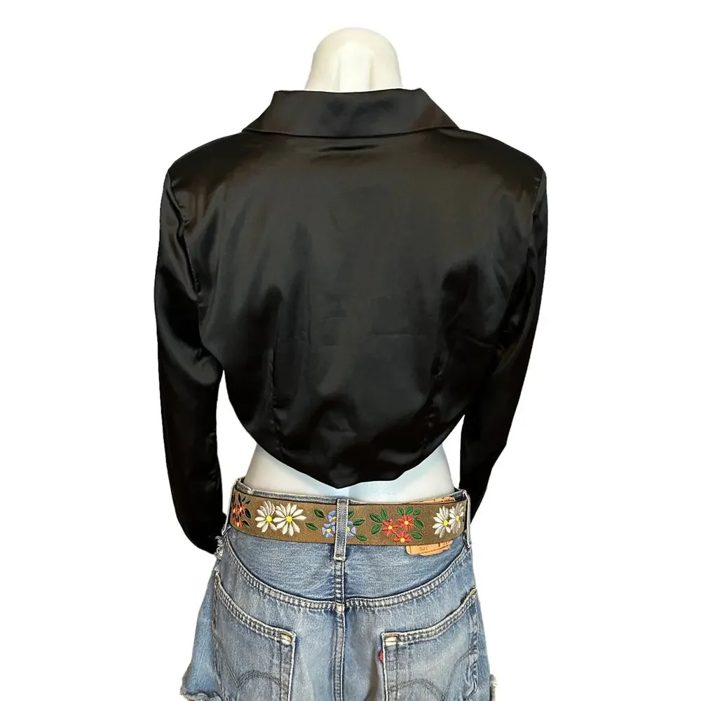 Revolve Black Crop Top MEDIUM Bolero Cocktail Satin Feathers More to Come NEW - Picture 7 of 8
